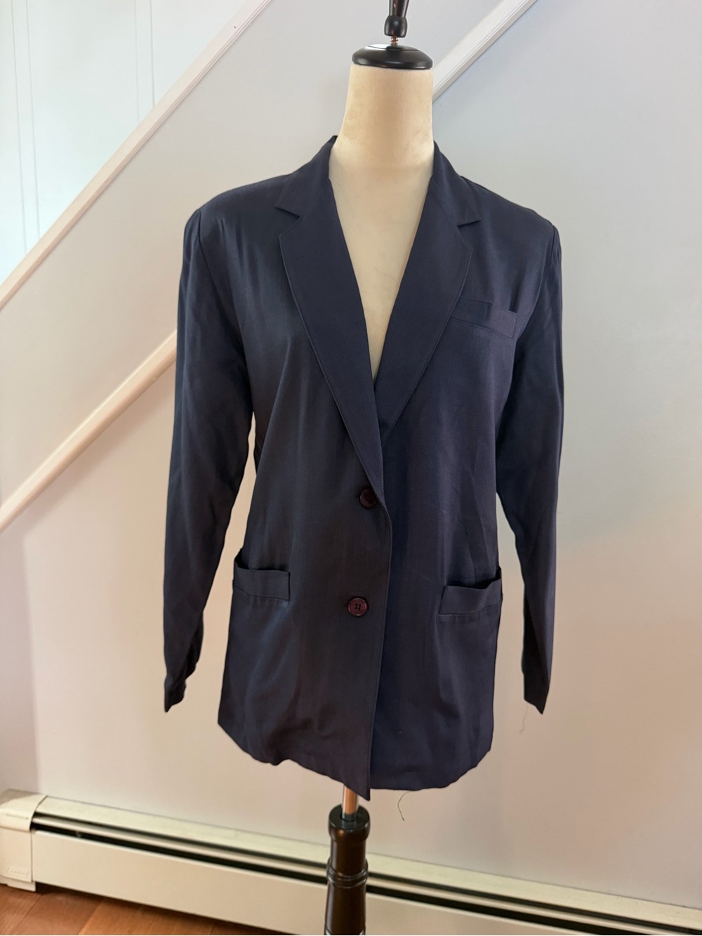 Dan Fran 100% Silk Blazer Womens 8 Navy Blue Oversized Boyfriend Jacket